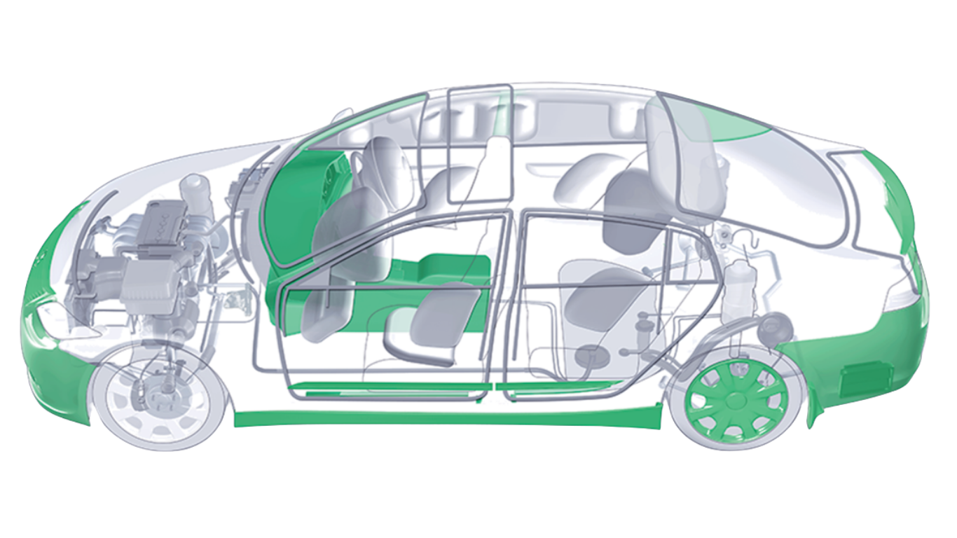 Vehicle diagram highlighting interior and exterior trim components