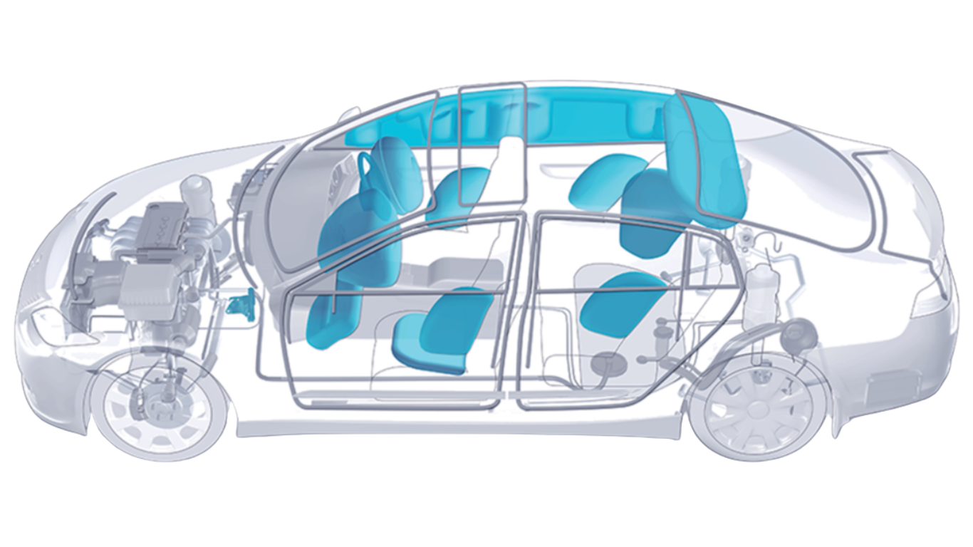 Vehicle diagram highlighting safety systems components